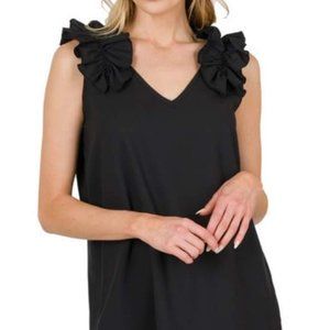 New Zenana Black Ruffle Sleeve V-Neck Top Sz M